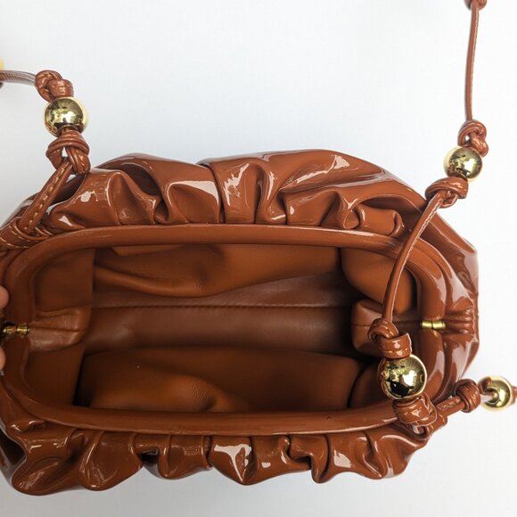 Brown Leather Crossbody Bag Small Pouch Purse with Gold Beads Shiny Mini Bag NW - Picture 4 of 11